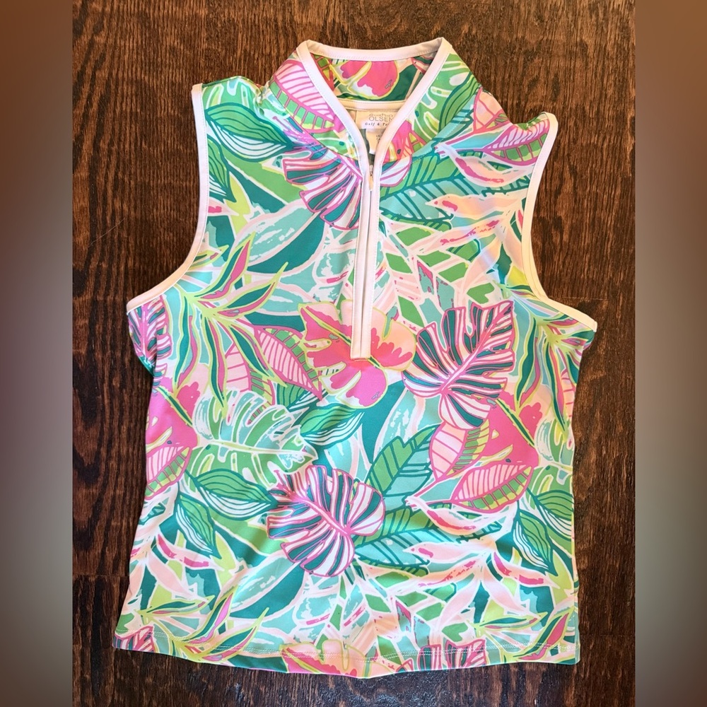 Sigrid Olsen Multicolor Tropical Zip-Front Top in Pink, Green & Aqua- size Small